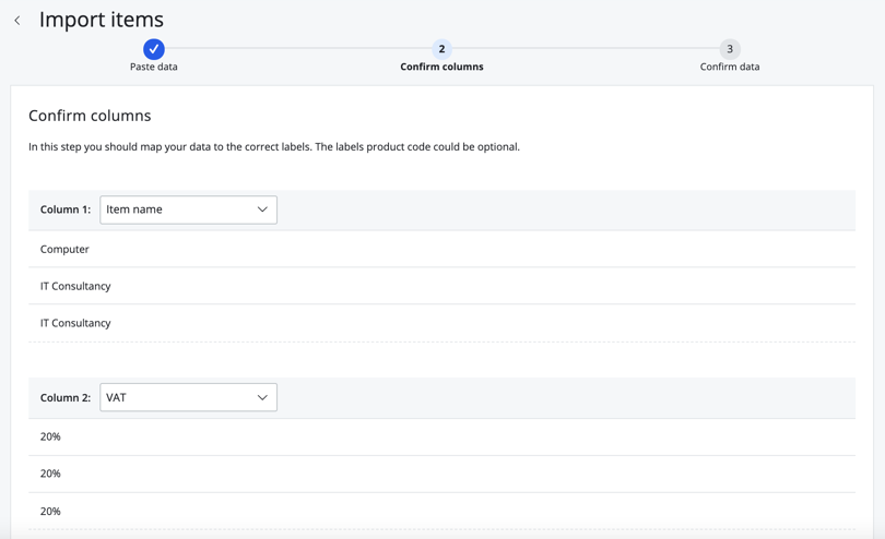 confirm item columns