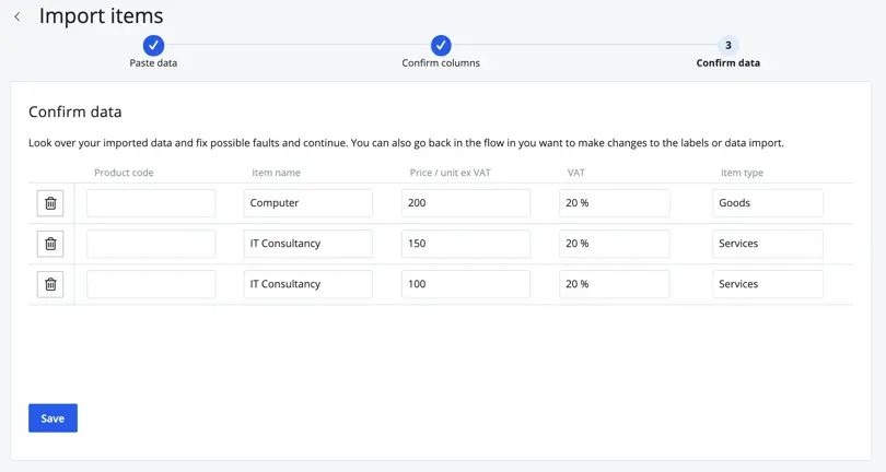 confirm item data