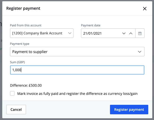 register part payment of supplier invoice