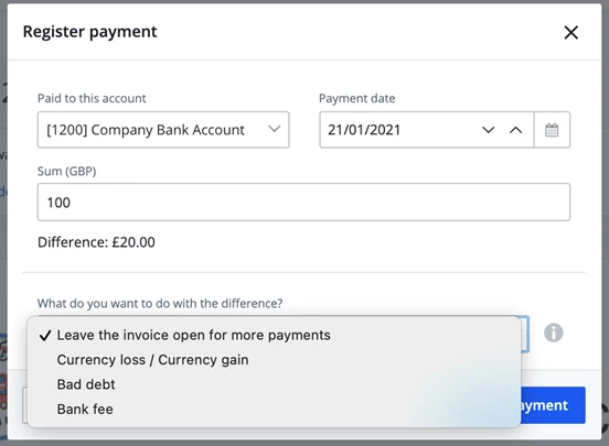 register payment difference