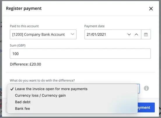 register payment difference