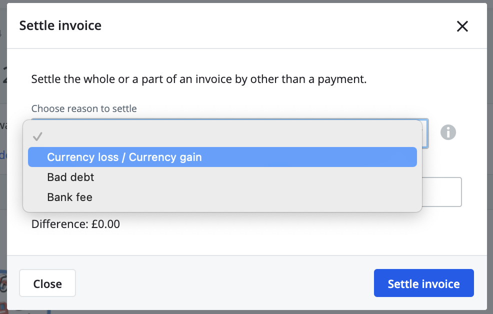 choose reason to settle invoice