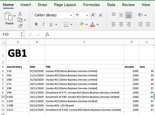 exported information in Excel
