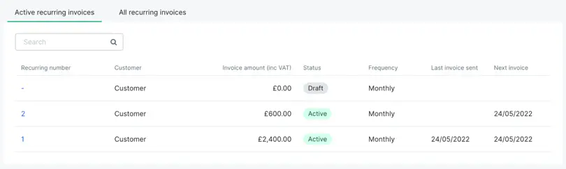 recurring invoices tab